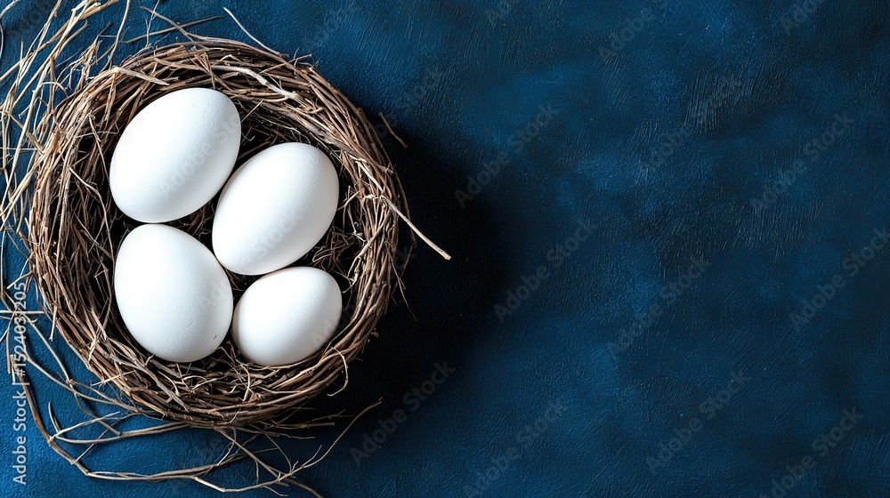 Poster four white eggs in a bird's nest on a blue background with twine string