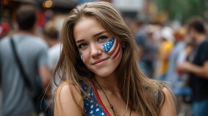 4th of july celebration on the street, woman face painted as american flag. ai generated