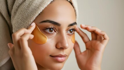 Close-up footage shows a woman applying golden under-eye patches as part of her beauty routine. The clear style highlights details of the personal skincare treatment. - Powered by Adobe