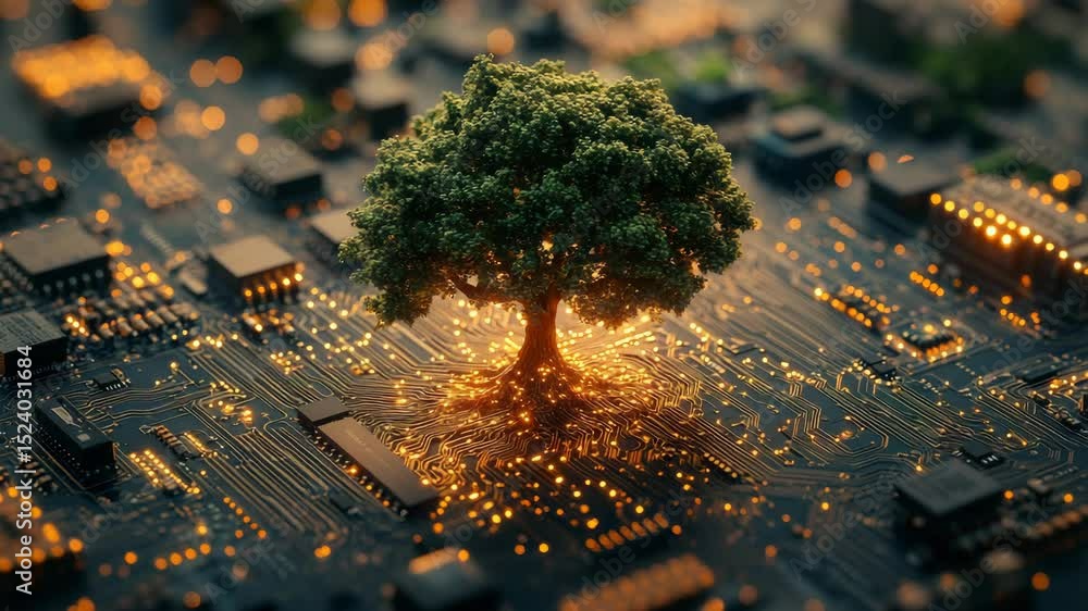 Poster Tree growing on a glowing microchip symbolizing nature and technology synergy
