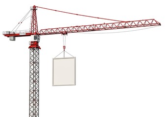 Red construction crane with blank sign isolated on white background
