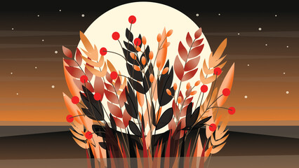 Stylized illustration of autumn plants with red berries under a full moon in a warm night gradient
