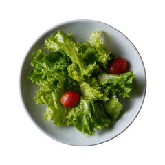 Fresh green lettuce with cherry tomatoes served in a light gray bowl against a white background, perfect for healthy meal concepts and salad recipes.