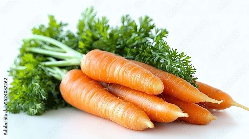 Poster a cluster of carrots arranged together on a white background with parsley positioned above them