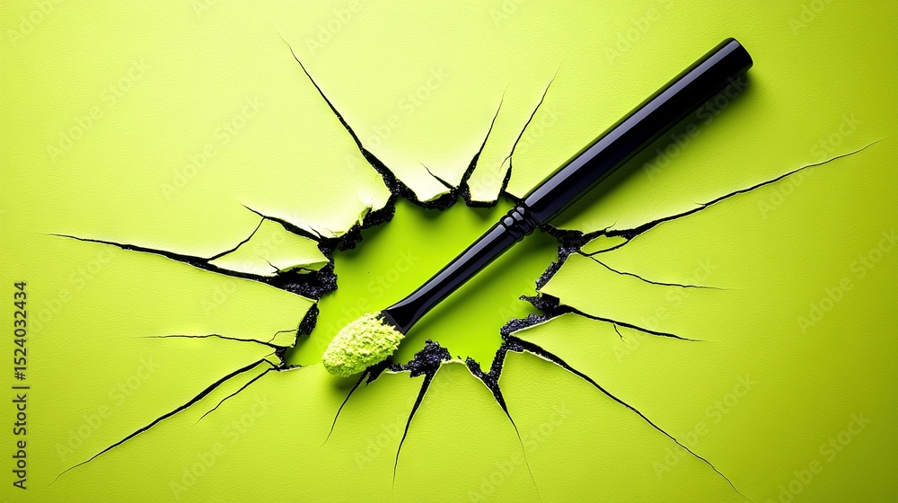 Poster a green background with a toothbrush missing its handle and a hole in the wall where the bristles ar