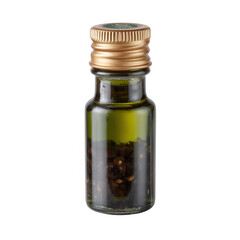 Glass bottle filled with aromatic olive oil infused with spices, featuring a gold cap and a clear body highlighting the rich color and texture of the oil.