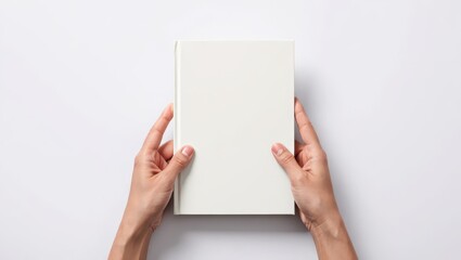 Obraz premium Hands Holding a Blank White Book Cover on a Clean White Background Top View