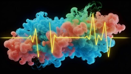 Colorful Ink Smoke Cloud with Yellow Waveform on Black Background Dynamic Abstract Design Creates Vivid Visual and Energetic Atmosphere - Powered by Adobe