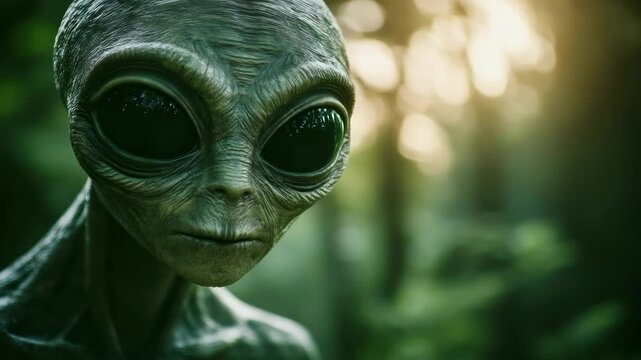 Alien with large eyes and green skin in a forest setting at sunrise, realistic concept