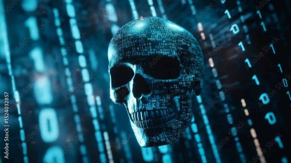 Poster Digital skull made of binary code amidst glowing blue digital streams