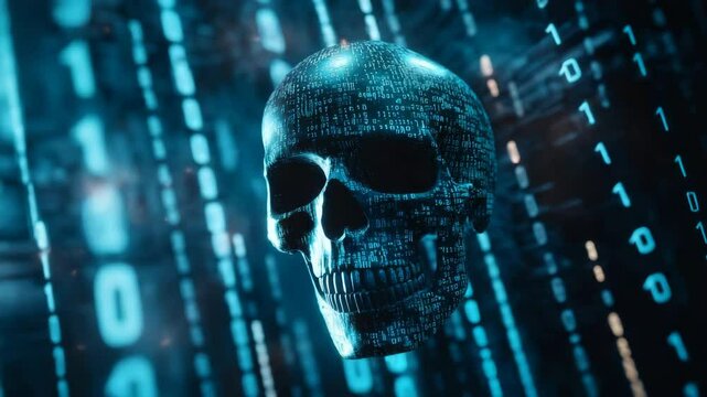 Digital skull made of binary code amidst glowing blue digital streams