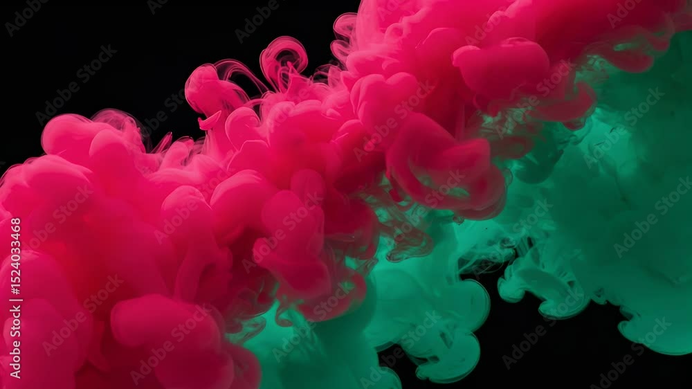 Poster dramatic smoke plumes merging in red and green hues on a black backdrop artistic and abstract fluid 