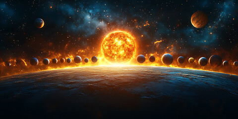 Dramatic cosmic vista featuring planets aligning with a fiery sun and a vast nebula backdrop