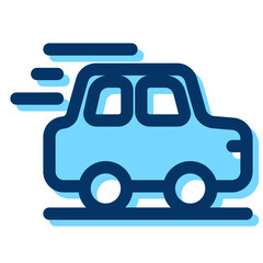 Car is speeding down the road. The car is black and white. The car is moving fast