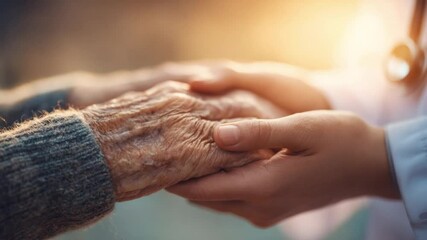 Human Touch of Comfort: A touching scene of hands clasped together, a young doctor's hands gently supporting an older person's, symbolizing care, empathy, and connection. - Powered by Adobe
