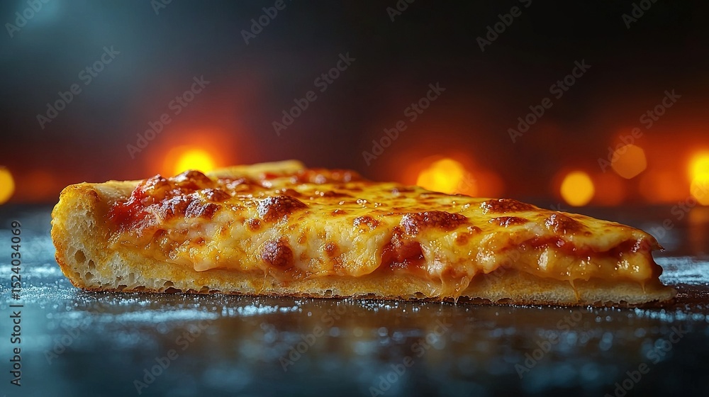 Poster a close-up of a pizza slice on a table, illuminated by numerous background lights