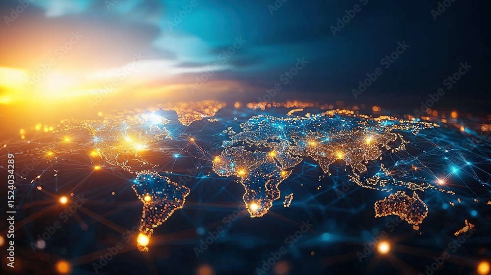 Poster a globe connected to a network of glowing points with a sunset backdrop