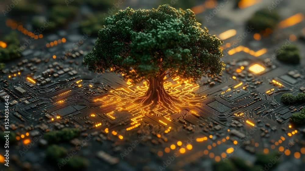 Poster tree glowing on a circuit board with orange light, symbolizing nature and technology
