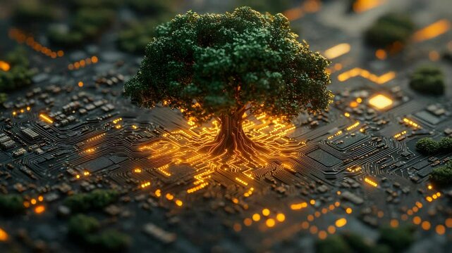 Tree glowing on a circuit board with orange light, symbolizing nature and technology