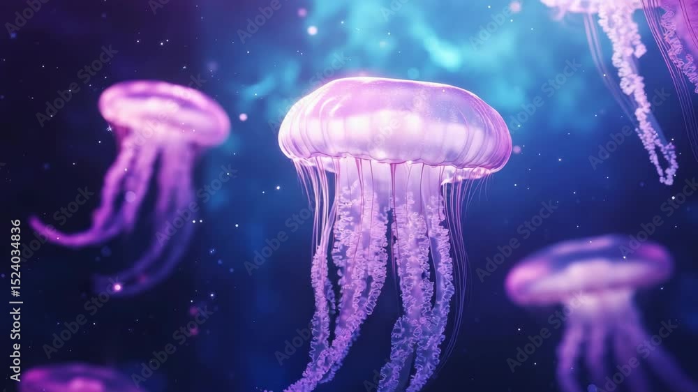 Poster purple jellyfish float in dark ocean with bioluminescent glow, underwater serenity