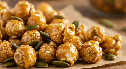 Caramel popcorn with pumpkin seeds on parchment paper