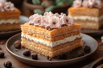 Floral Topped Layered Cake Slice with Cream Filling on Plate for Dessert Display