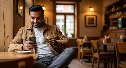 A man enjoying coffee and checking his phone in a cozy café
