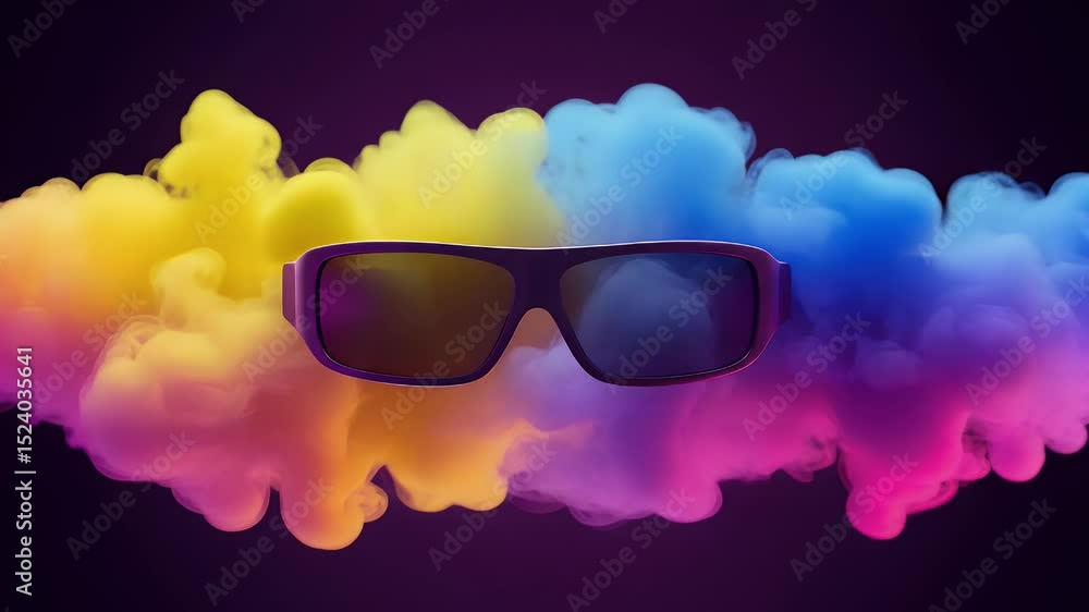 Poster glasses surrounded by colorful smoky clouds on dark background creates an abstract and artistic visu