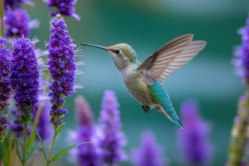 Obraz premium Hummingbird Drinking Nectar From Purple Flowers in a Nature Scene