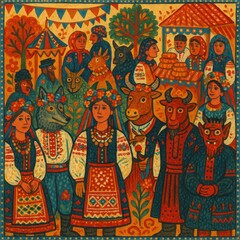Obraz premium Folk Festival with Mystical Characters