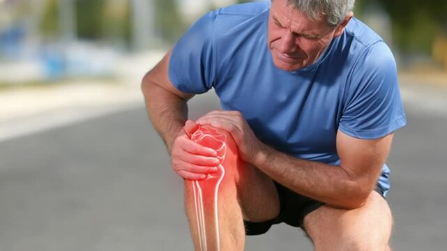 Knee Pain During Run: An older man runner experiencing knee pain while running, bending down to touch his knee and experiencing discomfort.
