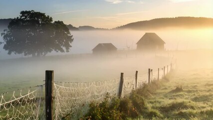 Foggy morning landscape with fence covered in spider webs and distant barn, sunbeams shining through mist creating dreamlike atmosphere. - Powered by Adobe