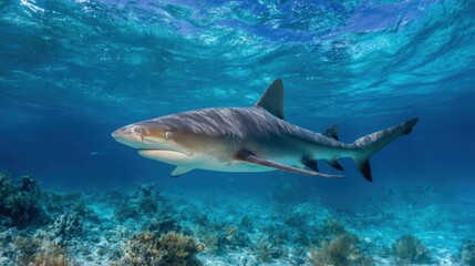 Fototapeta premium Majestic Shark Swimming in the Deep Ocean During Sunny Day