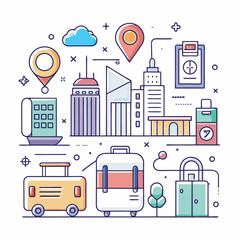 Line art city travel elements and location pins