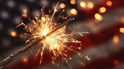 Sparkler Ignited In Front Of Waving American Flag On Independence