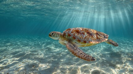 Obraz premium Sea Turtle Swimming Gracefully in Beautiful Clear Blue Ocean Waters