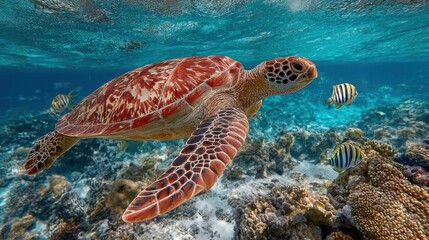 Fototapeta premium The Beautiful Sea Turtle Swimming Under the Ocean Surface Water