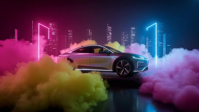 Sleek Car Surrounded by Neon Lights and Colorful Smoke in Futuristic City Night with Reflections and Modern Design Elements for Adobe Stock