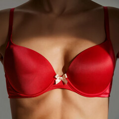 Extreme close-up fashion photograph of a woman wearing a bold red satin push up bra with bow detail