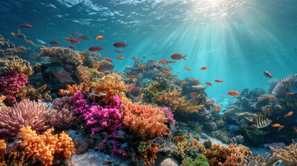 Naklejka premium Vibrant Coral Reef Underwater Ecosystem With Various Species And Textures