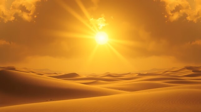 Golden sun shines over vast desert landscape with rolling sand dunes and cloudy sky in warm light - Powered by Adobe
