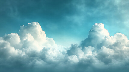 Dramatic cumulus cloudscape against a teal blue sky panoramic atmospheric beauty and ethereal vista calmness and serenity natures gentle majesty