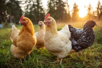 Fototapeta premium Group of Domestic Fowl in a Grassy Rural Area Outside