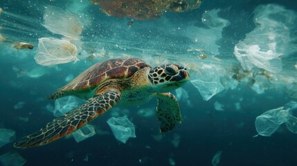 Fototapeta premium Marine Life Suffocation Problem Sea Turtle In Plastic Pollution Crisis
