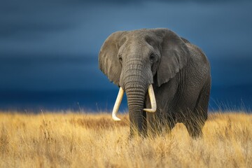 Naklejka premium Majestic Elephant Roaming Freely In African Savannah Under Dark Sky