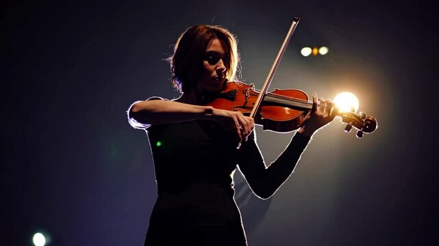 Professional musician with violin under performing his new melody on stage with spotlights showcasing classical music's allure. Concept of instrumental music festivals and concerts, art, culture. Ad