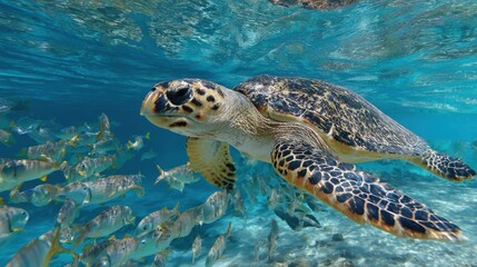 Fototapeta premium Swimming With Sea Turtle Among School Of Fish Undersea World