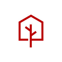 Obraz premium Minimalist Red Tree Silhouette Inside House Outline, Geometric Design