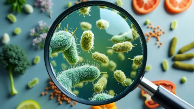 contaminated water and foodborne diseases concept, Microscopic view of bacteria among fresh fruits and vegetables.