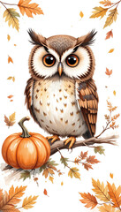 Fototapeta premium Cute watercolor owl with orange pumpkin and autumn leaves on white background. Perfect for seasonal design and fall decorations